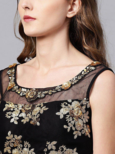 Black Floral Golden Sequins Work Net Fabric Party Wear Lehenga Choli